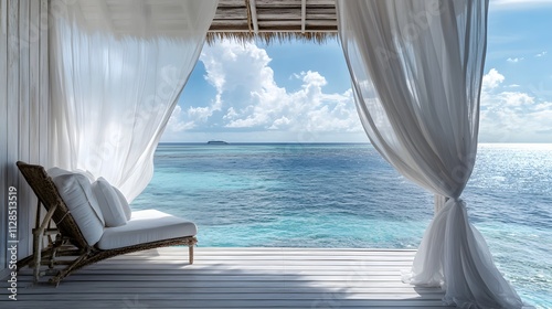 A romantic bungalow with sheer white curtains billowing in the ocean breeze.