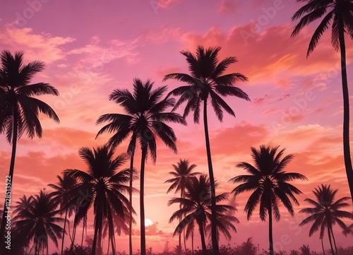 Vibrant orange and pink sky with silhouetted palm trees, gradient, silhouettes, tropical