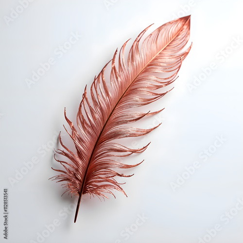 Elegant rose gold feather on a soft white background  a symbol of grace and nature s beauty, photography of still life concept. photo