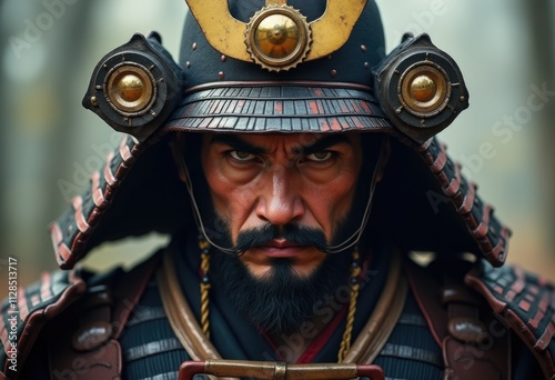 A samurai warrior in full armor stares intensely into the camera, ready for battle. photo