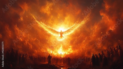 pentecost the descent of the holy spirit on the followers people in front of a fire burning in the desert with bright dove in the sky digital painting