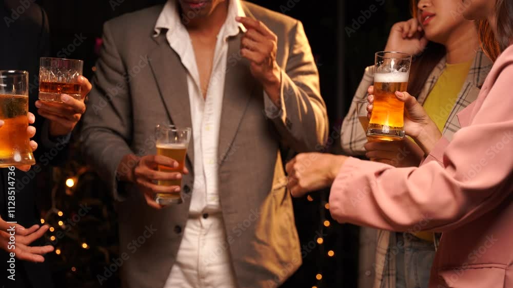 Nightlife Cheers: Friends enjoying craft beer together at a trendy bar.  Warm lighting and lively atmosphere.