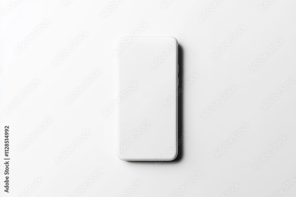 Minimalistic white smartphone lying flat isolated on white background, perfect for technology or app mockups Minimalistic white smartphone lying flat isolated on white background, perfect for technology or app mockups