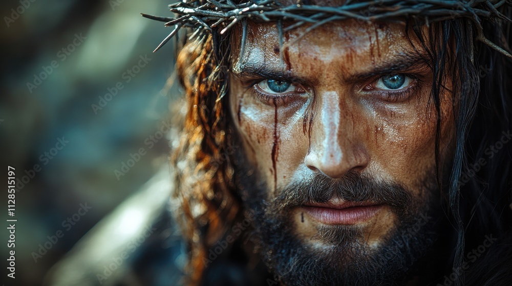 photorealist image of jesus christ with a crown of thorns with copy space photorealist image of jesus christ with a crown of thorns with copy space