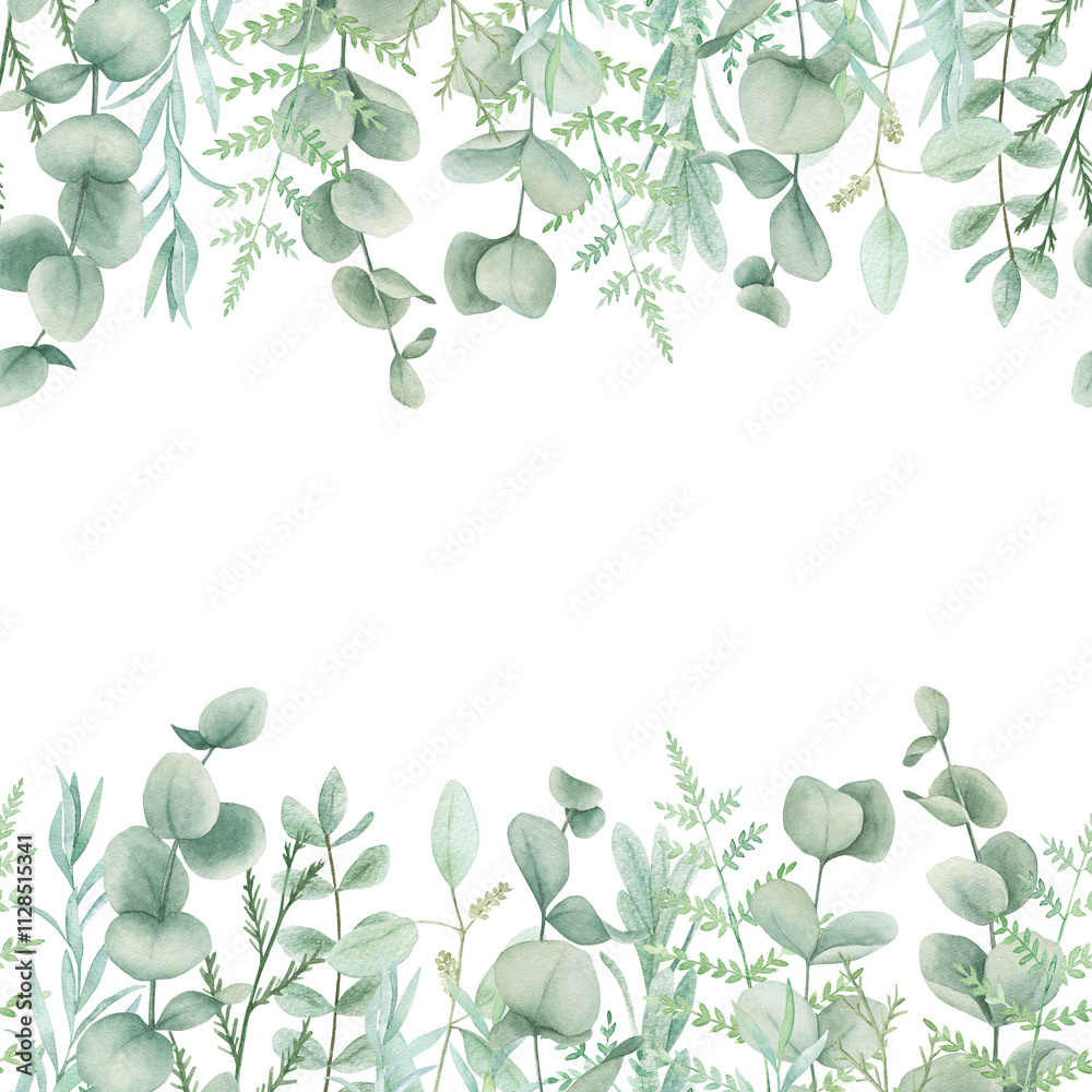 Obraz premium Watercolor seamless border with eucalyptus and herbs. Hand drawn botanical illustration. Floral background