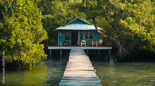 A secluded bungalow surrounded by mangroves with a wooden pier leading to the water.