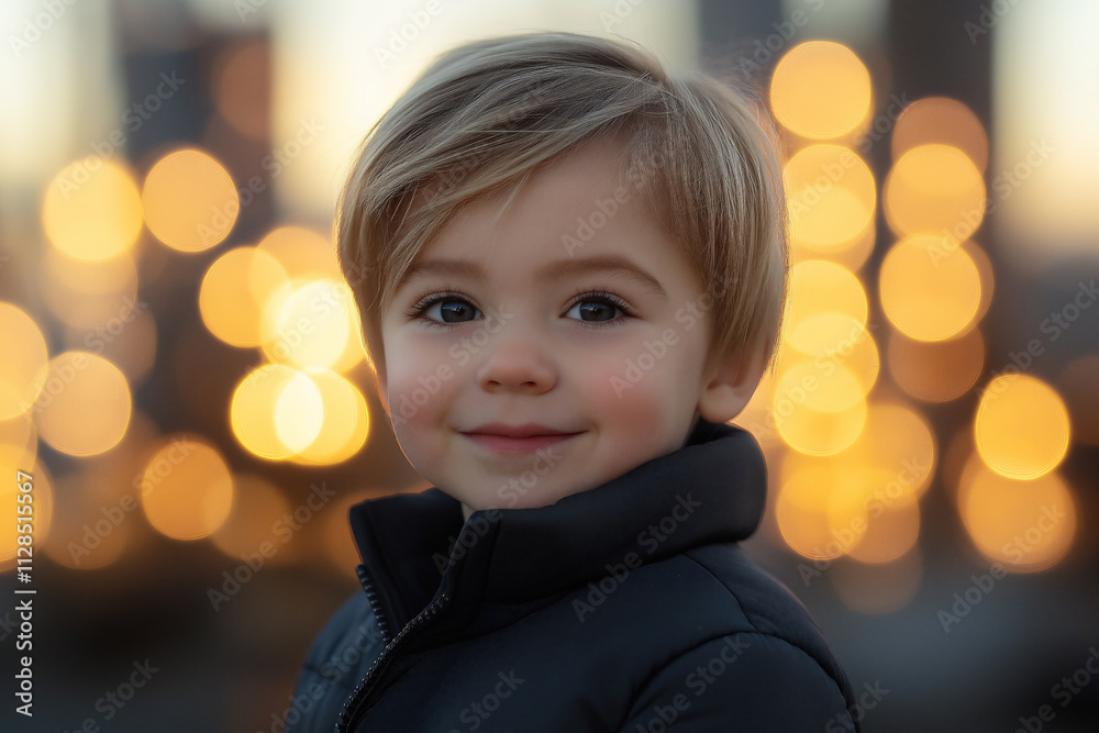 Young child smiling against a backdrop of warm bokeh lights during sunset. Generative AI Young child smiling against a backdrop of warm bokeh lights during sunset. Generative AI