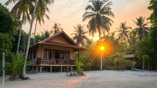 A serene beachfront bungalow surrounded by swaying palm trees under a golden sunset.