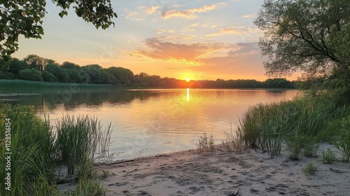 Serene Sunset Over Calm Lake Trees and Sky