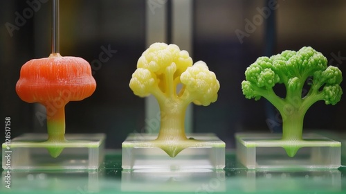 Close Up Of 3D Printed Vegetables On Display Stands, Food Technology Advancements In Puree Printing photo