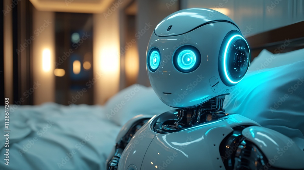 Human-like Robot with Blue Lights in Bedroom Setting Human-like Robot with Blue Lights in Bedroom Setting