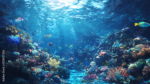 A colorful coral reef with many fish swimming in the water