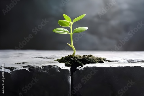 A tiny sprout pushes through a crack in concrete, symbolizing resilience and growth. photo