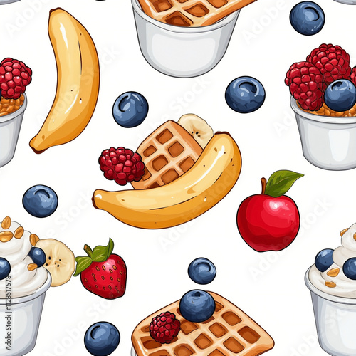 delicious waffles with syrup and butter, vibrant fruit characters like bananas and apples, and playful yogurt cups topped with granola.  photo