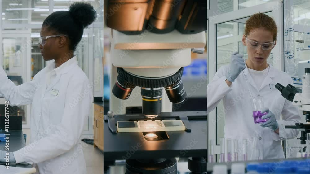 Split screen of two diverse young female technologists working with chemical solutions, glass slide with sample under microscope in laboratory