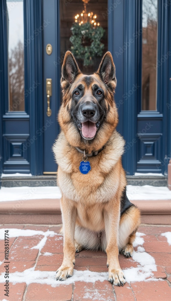 Loyal German Shepherd Guard Dog Sitting on Doorstep in Front of a Blue Door With Holiday Wreath Loyal German Shepherd Guard Dog Sitting on Doorstep in Front of a Blue Door With Holiday Wreath