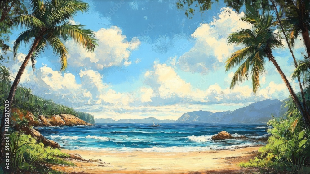 Tranquil Tropical Beach Scene With Palm Trees And Ocean Tranquil Tropical Beach Scene With Palm Trees And Ocean