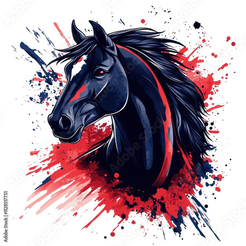 Horse head vector logo design, with an angry expression and colorful paint splash illustration on transparent background photo