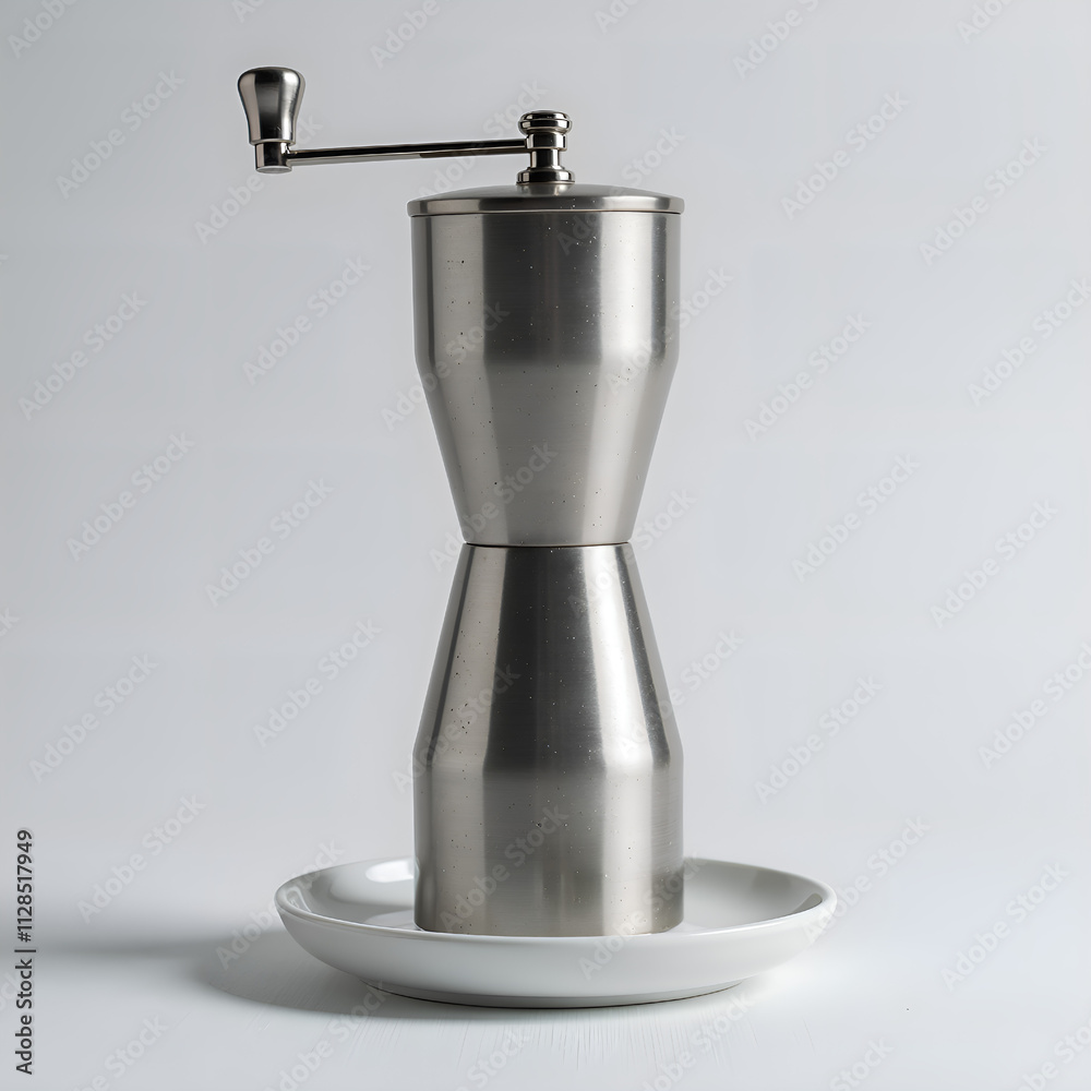 Sleek stainless steel coffee grinder on white plate for a minimalist kitchen aesthetic, photography of still life concept. Sleek stainless steel coffee grinder on white plate for a minimalist kitchen aesthetic, photography of still life concept.