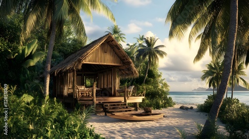A traditional island-style beach bungalow made of bamboo and palm leaves.