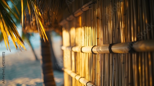 A traditional island-style beach bungalow made of bamboo and palm leaves.