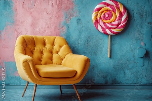 Candy-themed background with a colorful chair and sweet decorations. photo