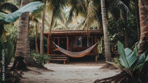 A tranquil beach bungalow with a private hammock stretched between coconut palms.