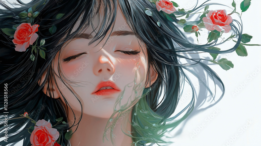 A human figure with long flowing hair, where each strand is replaced by blooming roses, a subtle haze of greenish vapor rises from the scalp, representing a hidden odor. A human figure with long flowing hair, where each strand is replaced by blooming roses, a subtle haze of greenish vapor rises from the scalp, representing a hidden odor.