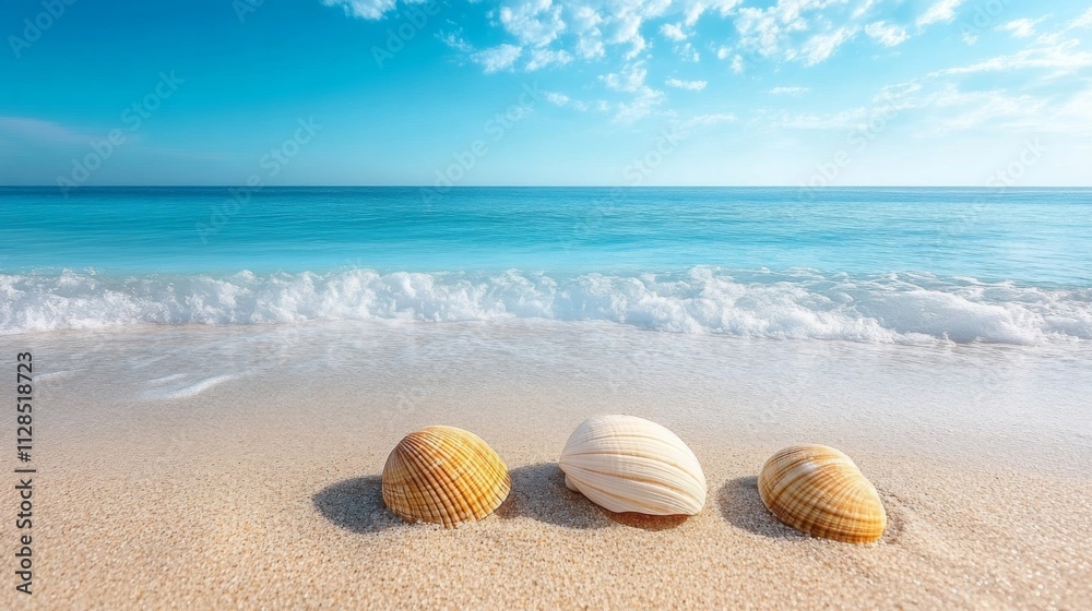 Seashells on a tranquil beach near the ocean waves Seashells on a tranquil beach near the ocean waves