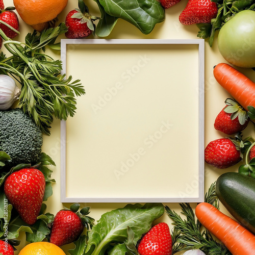 A lively mockup empty advertising template frame with a spring theme, surrounded by fresh fruits and vegetables like strawberries, carrots, and leafy greens.  photo