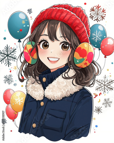 a cute girl in a chic winter costume, featuring a stylish navy blue coat with a fluffy collar and a vibrant red beanie. surrounded by playful elements like snowflakes and balloons, photo