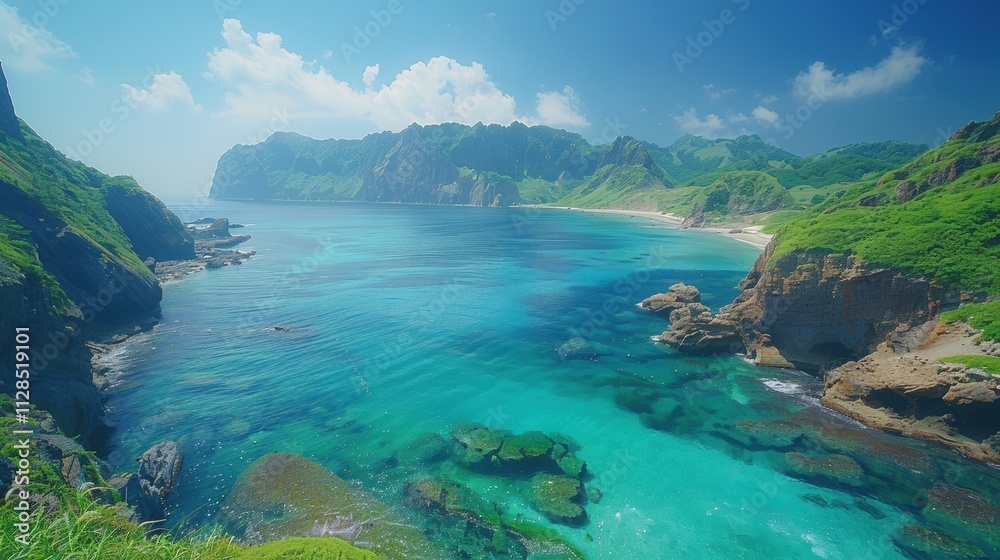 Fototapeta premium Pristine Island Beach Turquoise Waters Lush Coastline Scenic View