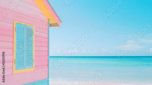 A vibrant beach bungalow painted in pastel colors with a clear blue ocean view.