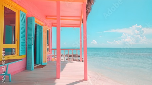 A vibrant beach bungalow painted in pastel colors with a clear blue ocean view.