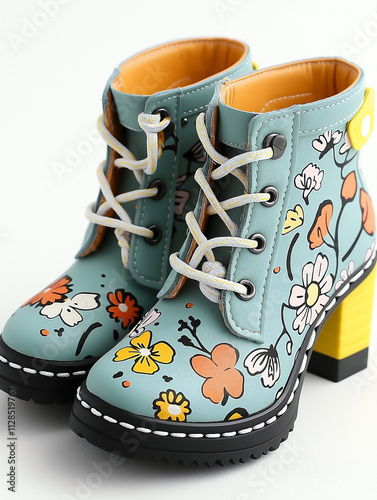 A pair of trendy high heels ankle boots, designed with a playful floral pattern in pastel tones, perfect for a spring aesthetic. photo