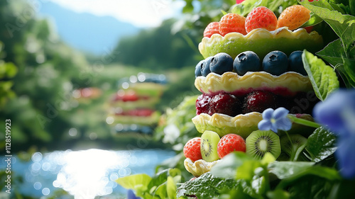  landscape where rolling hills are transformed into layers of colorful fruit tarts, each layer representing different fruits like strawberries, blueberries, and kiwis.  photo