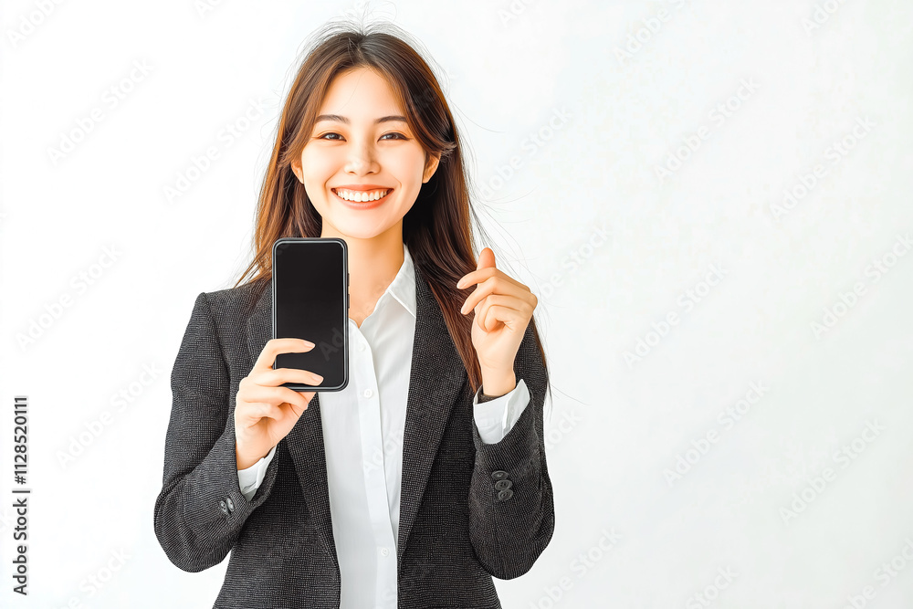 Business woman, winner, phone holding and business success, isolated on white background Business woman, winner, phone holding and business success, isolated on white background