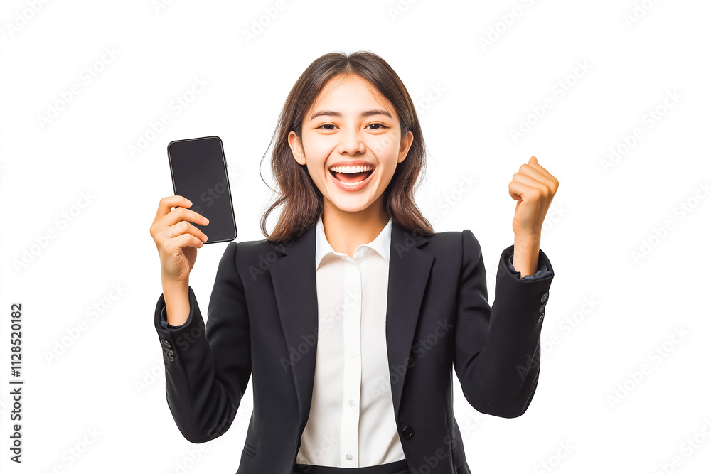 Business woman, winner, phone holding and business success, isolated on white background Business woman, winner, phone holding and business success, isolated on white background