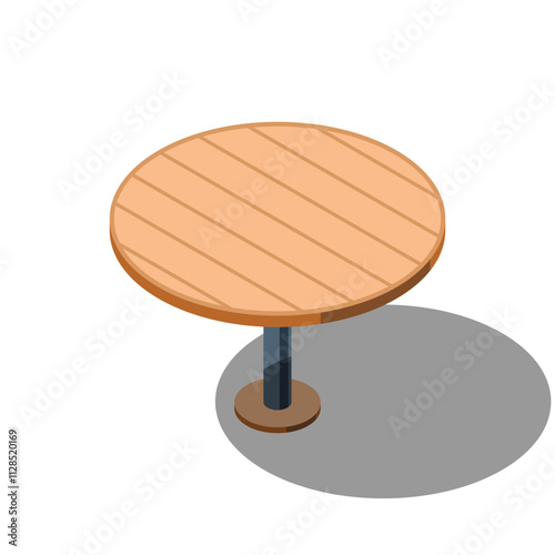 Isometric round table. Wooden round table. Isometric furniture. Vector illustration