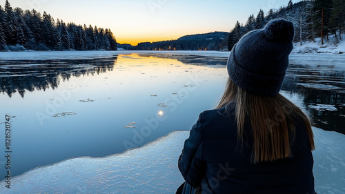  a woman standing at the edge of a frozen lake during the evening, her figure lit by the soft glow of moonlight reflecting on the icy surface.The sky fades from dusk to night photo