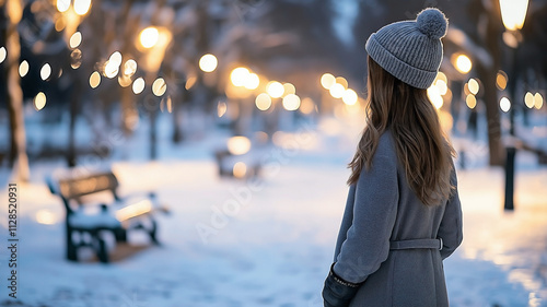  a woman standing in a snow-covered park, illuminated by the soft glow of evening streetlights. The evening atmosphere is calm and quiet, with snow-covered benches  photo