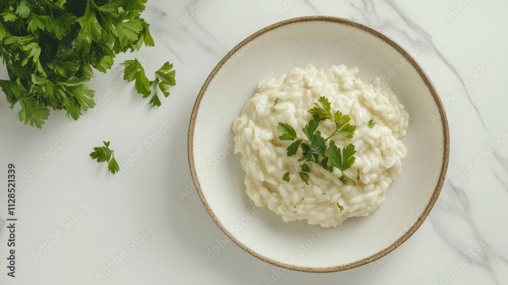 A bowl of creamy risotto garnished with fresh parsley on a marble surface. A bowl of creamy risotto garnished with fresh parsley on a marble surface.