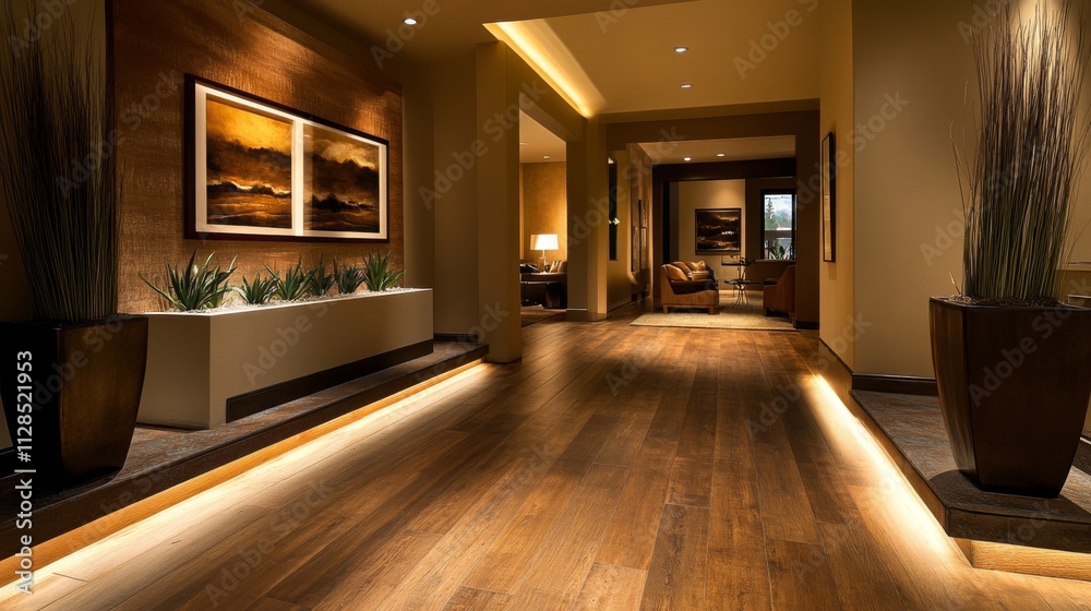 Modern Home Interior Hallway With Warm Lighting And Decor