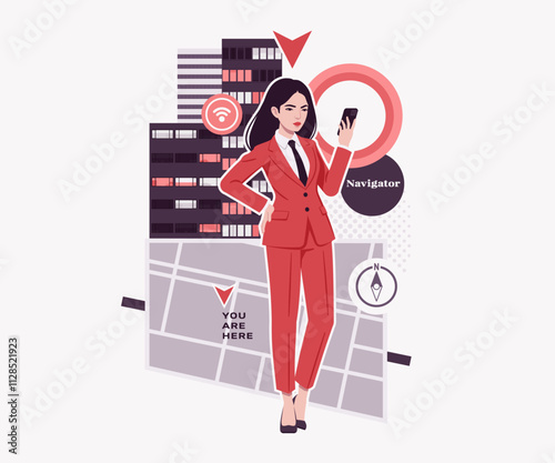 Ambitious brunette businesswoman navigator app phone user, confident business success, lady in red suit, tie design for art magazine, blog, graphic advertisement, digital social media illustration