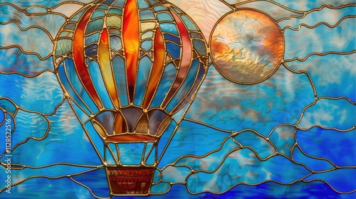 Colorful stained glass window of a hot air balloon on blue background