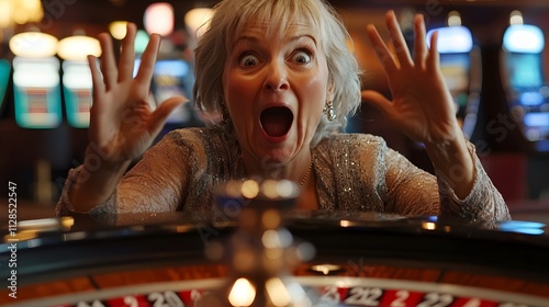 A woman holding up her hands in shock and delight after hitting a massive jackpot at a roulette table.