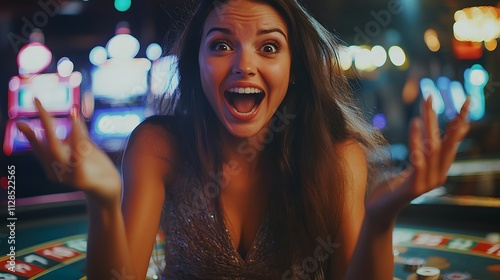 A woman holding up her hands in shock and delight after hitting a massive jackpot at a roulette table.