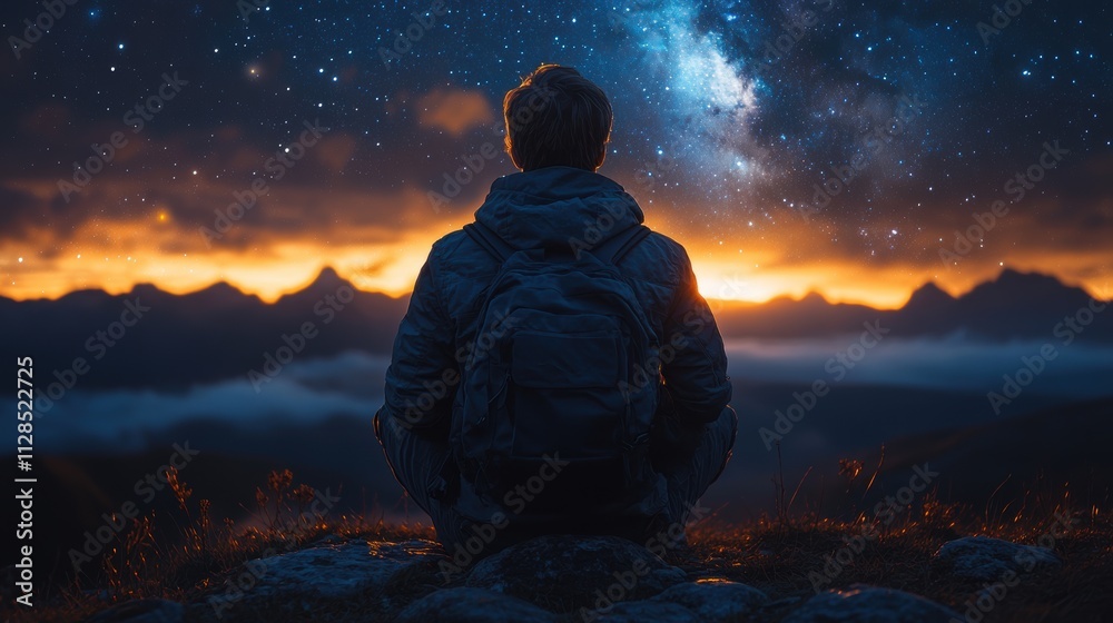 rear view of man looking at night sky rear view of man looking at night sky