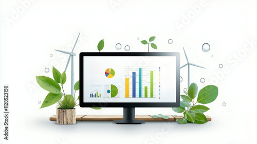 A widescreen monitor showcasing business growth data with colorful charts and bar graphs, framed by eco-themed design elements like wind turbines, green leaves, and water droplets  photo