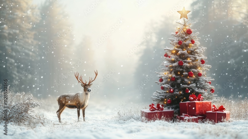 reindeer and christmas tree with gifts in the winter forest reindeer and christmas tree with gifts in the winter forest